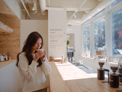 カフェでグアテマラコーヒーを楽しむ若い日本人女性|鹿児島コーヒー addCoffee