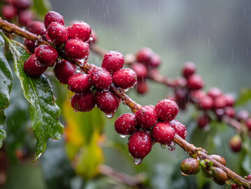 グアテマラ・コバン地域の雲霧林で雨に濡れるコーヒーチェリー|鹿児島コーヒー addCoffee