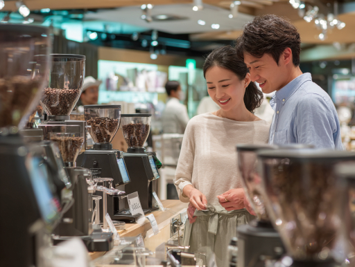 コーヒーグラインダーを選ぶショールーム風景｜鹿児島コーヒー addCoffee