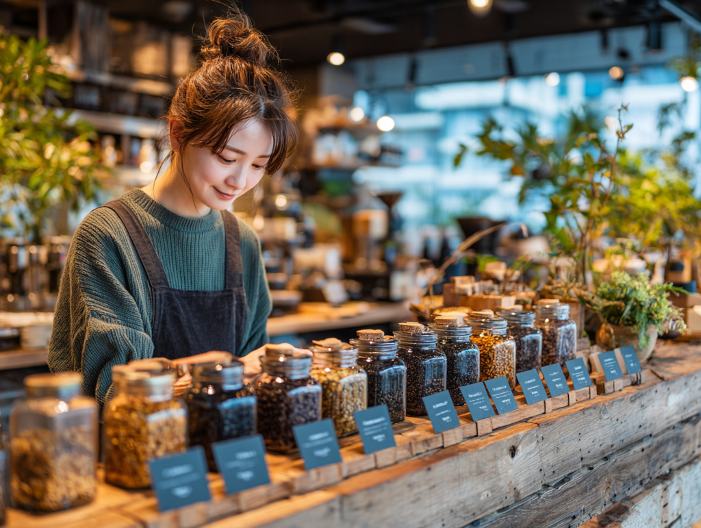 スペシャルティコーヒー専門店で健康のため豆を選ぶ女性｜鹿児島コーヒー addCoffee