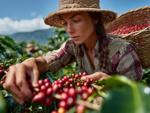 晴天の農園で完熟豆のみを手摘みする若い女性農家｜鹿児島コーヒー addCoffee