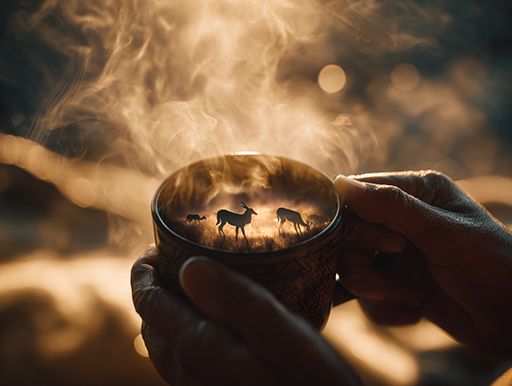 カルディ伝説を思い浮かべながらコーヒーを飲む様子 - カルディ伝説と現代をつなぐイメージ｜鹿児島コーヒー addCoffee
