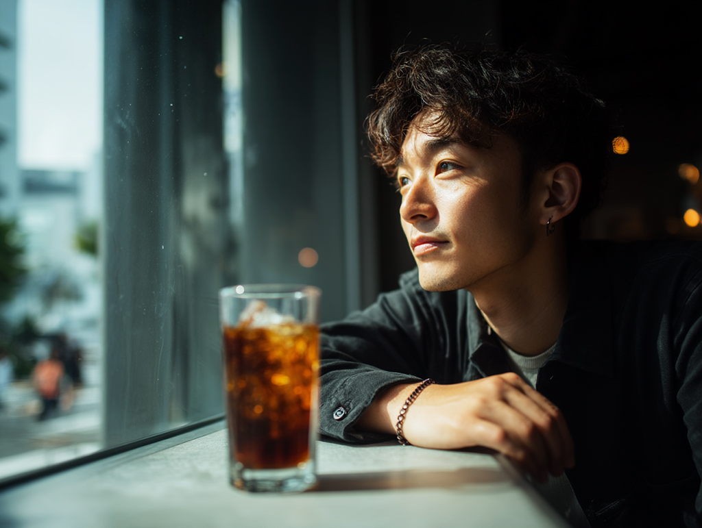 エスプレッソトニックを楽しむ男性の思索的な時間｜鹿児島コーヒー addCoffee