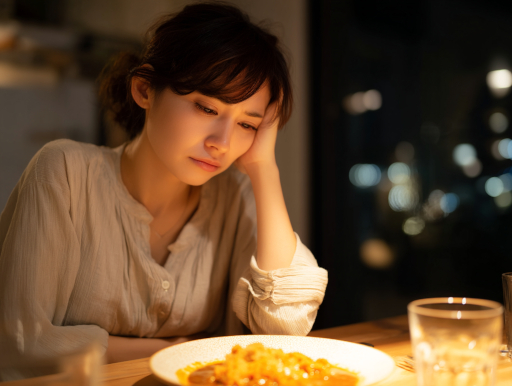 カレールーの油脂で胃もたれを感じる女性｜鹿児島中央駅カレー addCoffee