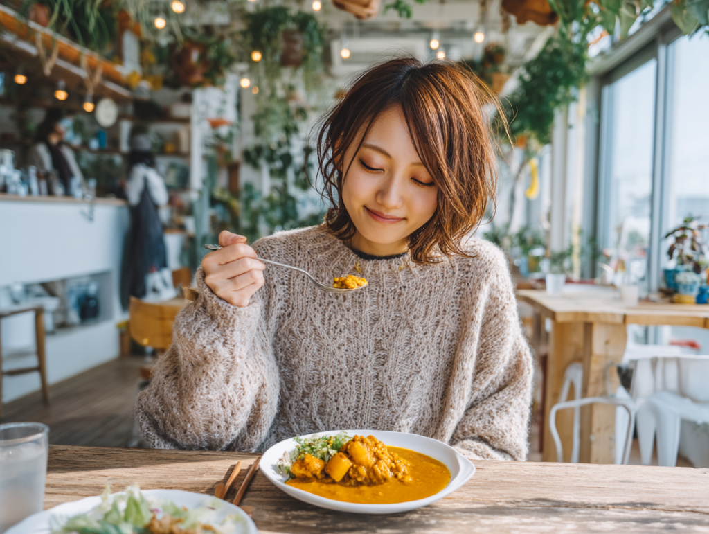 ターメリック入りスパイスカレーを楽しむ女性 - 黄金のスパイスカレーの世界｜鹿児島中央駅カレー addCoffee