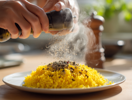 ターメリックライスに黒胡椒をかけて吸収率を高める｜鹿児島中央駅カレー addCoffee