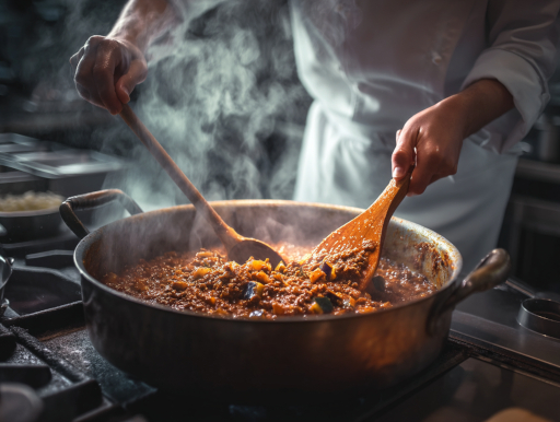 キーマカレーを寸胴で煮込む調理風景|鹿児島中央駅カレー addCoffee
