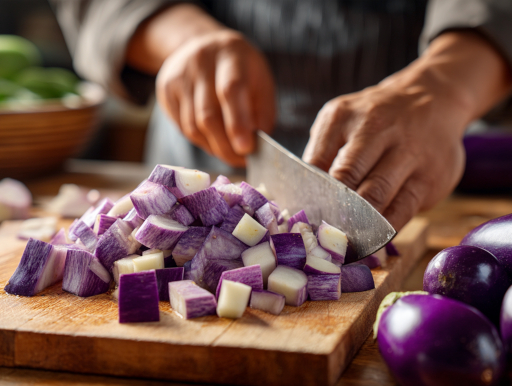 キーマカレーに使う大量のナスを乱切り|鹿児島中央駅カレー addCoffee